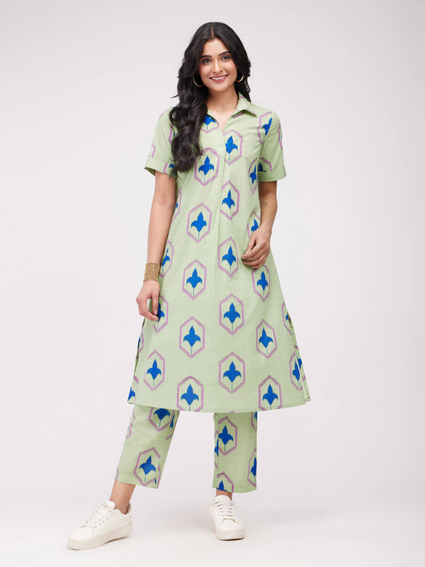 Cotton Ikat A-Line Kurta Set - Green & Blue