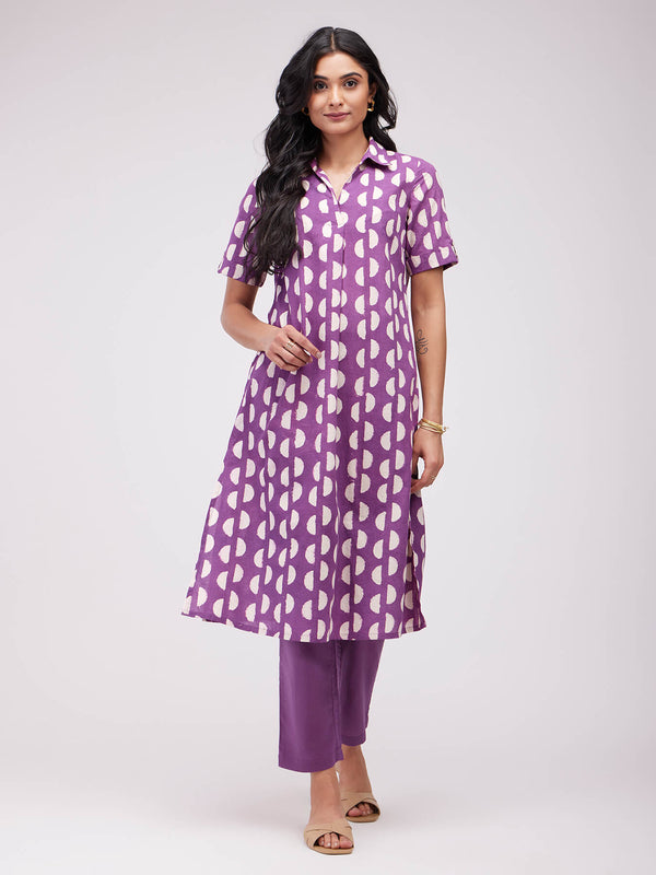 Cotton Dabu Geometric Kurta Set - Purple