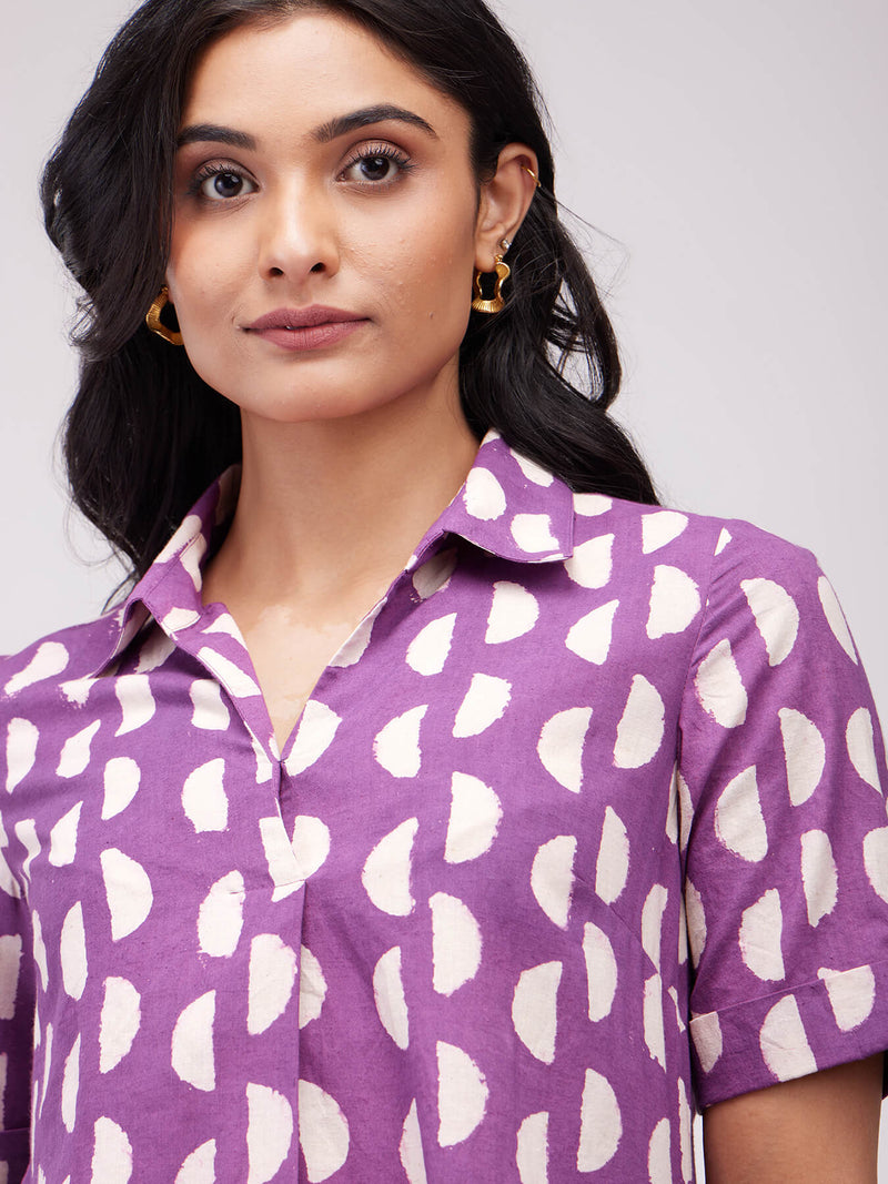 Cotton Dabu Geometric Kurta Set - Purple