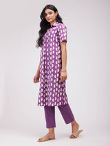 Cotton Dabu Geometric Kurta Set - Purple