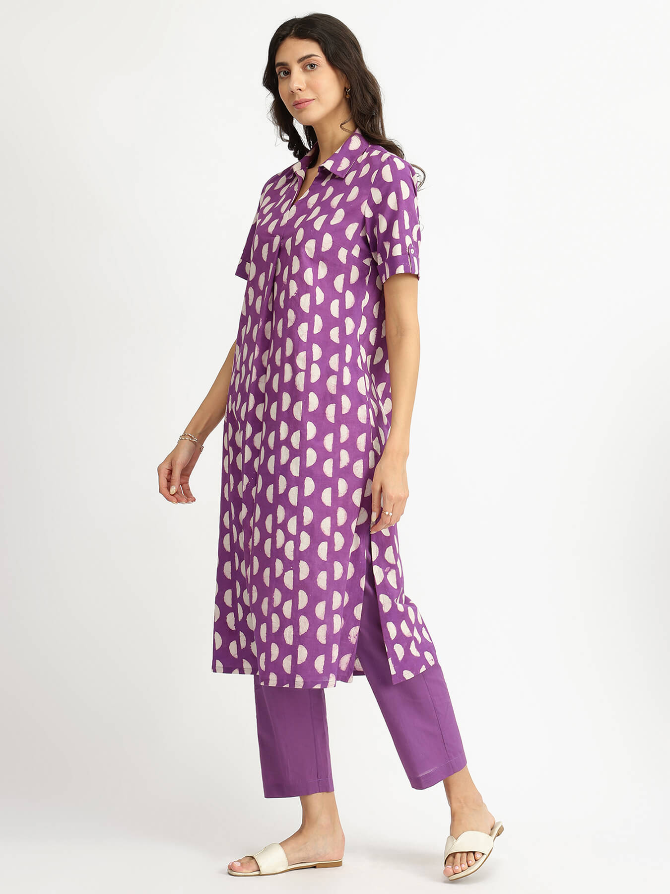 Cotton Dabu Geometric Kurta Set - Purple