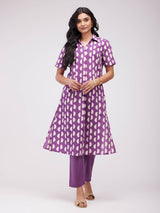 Cotton Dabu Geometric Kurta Set - Purple