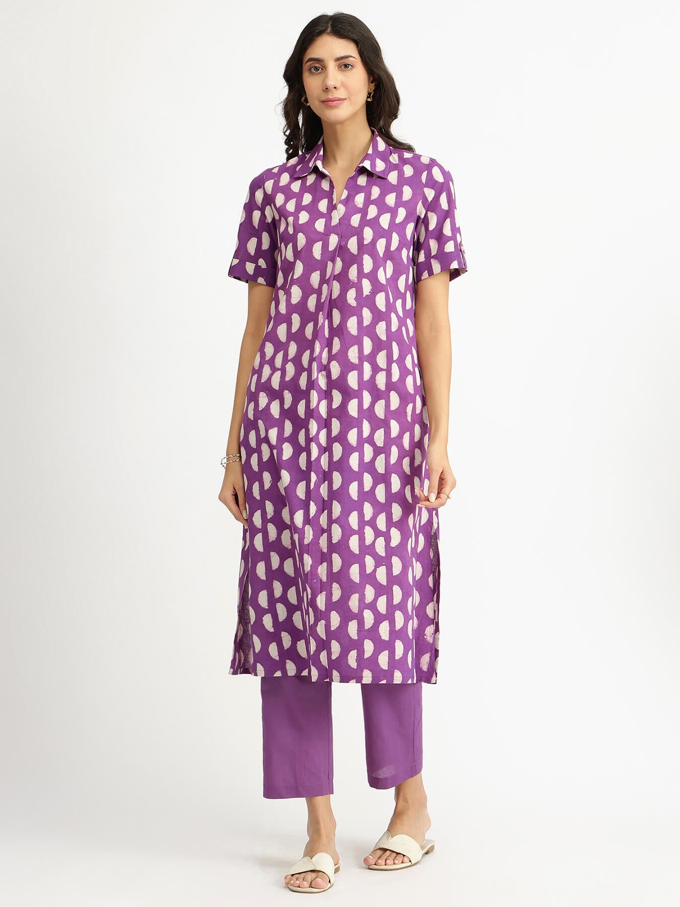 Cotton Dabu Geometric Kurta Set - Purple