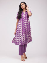 Cotton Dabu Geometric Kurta Set - Purple