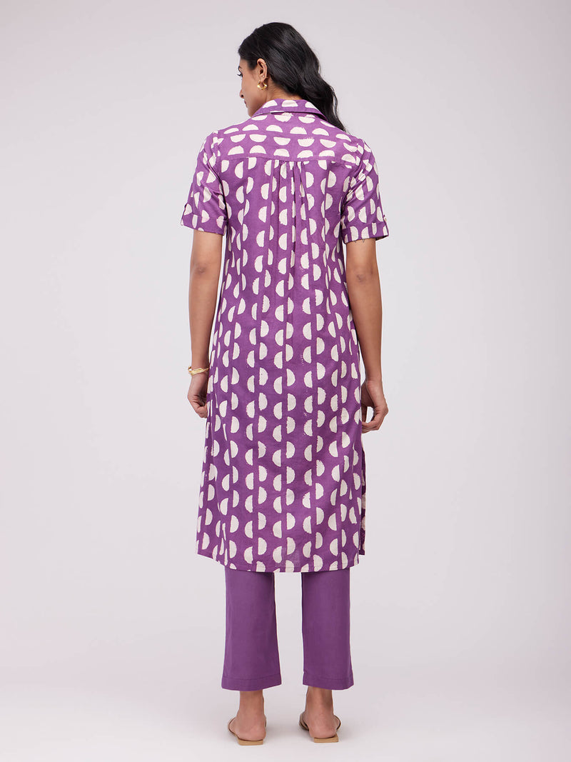 Cotton Dabu Geometric Kurta Set - Purple