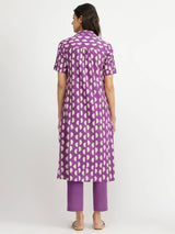 Cotton Dabu Geometric Kurta Set - Purple