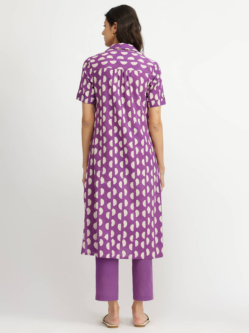 Cotton Dabu Geometric Kurta Set - Purple