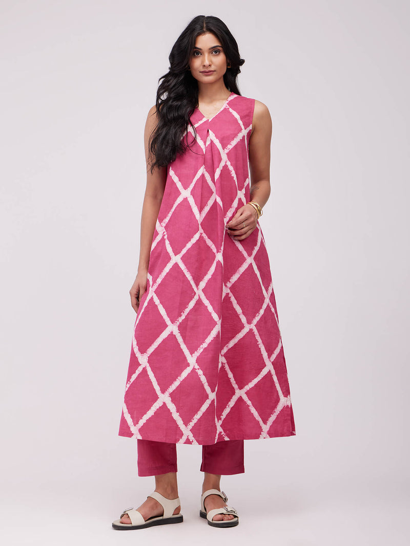 Cotton Dabu Geometric Kurta Set - Pink