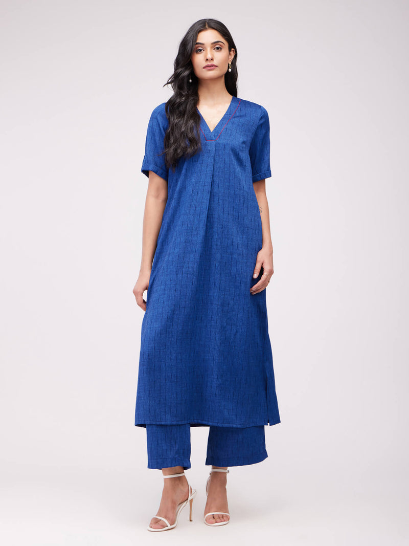 Rayon Solid Woven Kurta Set - Navy Blue