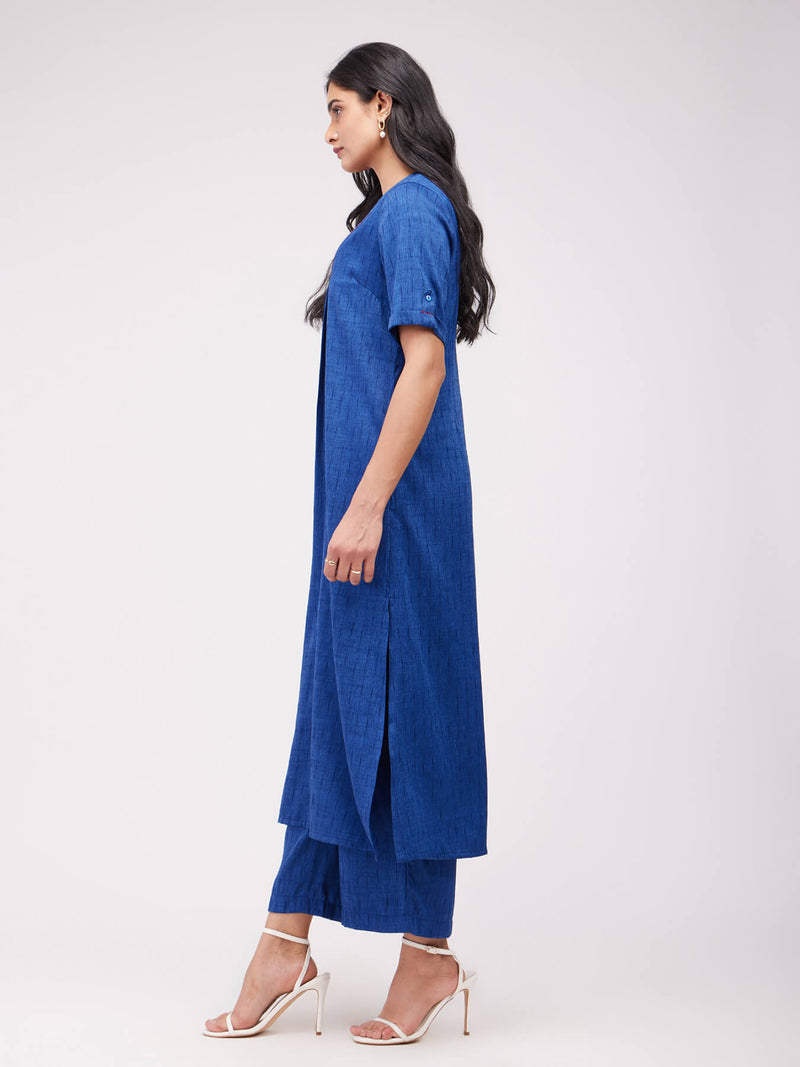 Rayon Solid Woven Kurta Set - Navy Blue