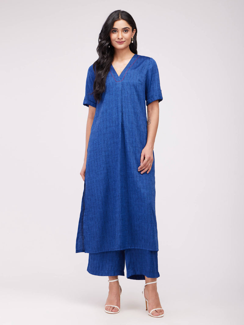 Rayon Solid Woven Kurta Set - Navy Blue