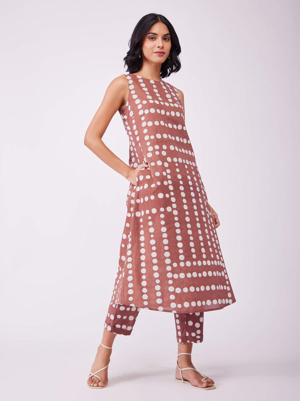 Cotton Polka Sleeveless Kurta Set - Rust