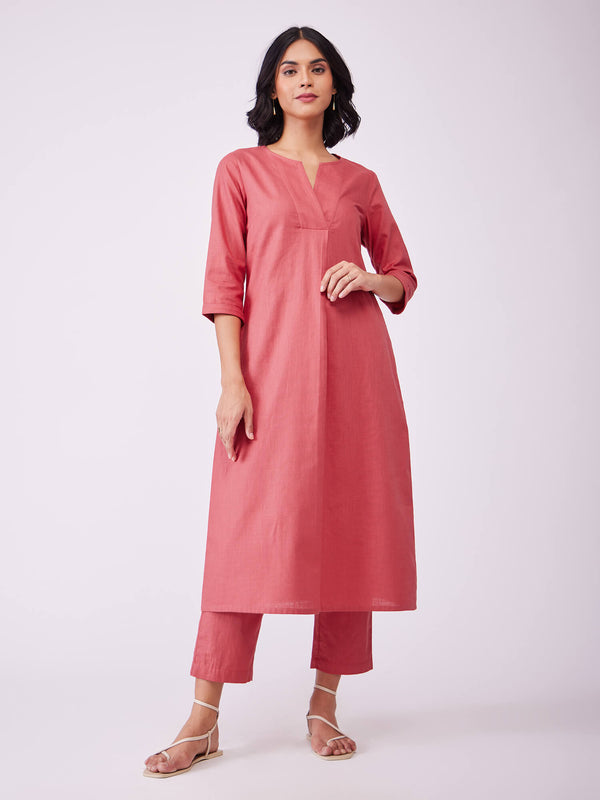 Cotton Solid A-Line Kurta Set - Pink