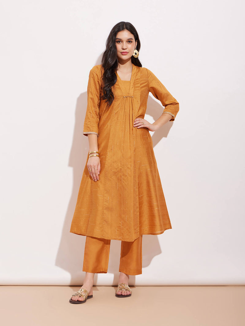 Chanderi Woven Design Kurta Set - Mustard