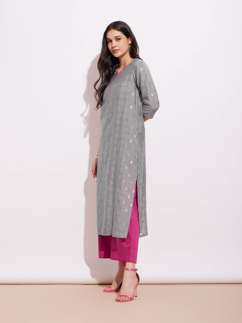 Chanderi Woven Design Kurta Set - Grey & Pink