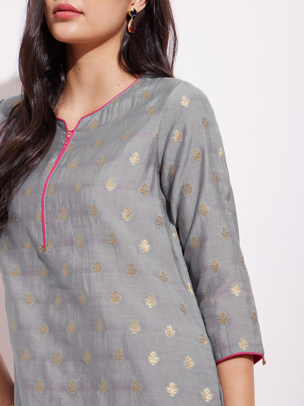 Chanderi Woven Design Kurta Set - Grey & Pink