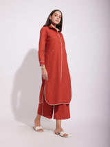 Cotton Solid Shirt Kurta Set - Rust