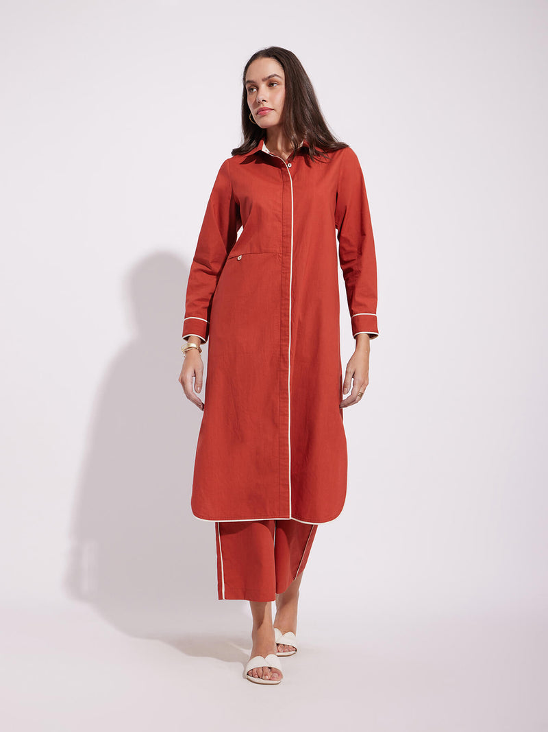 Cotton Solid Shirt Kurta Set - Rust