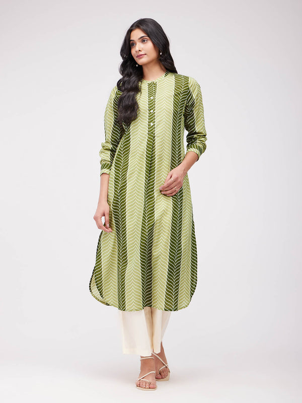 Cotton Leaf Striped Kurta Set - Olive