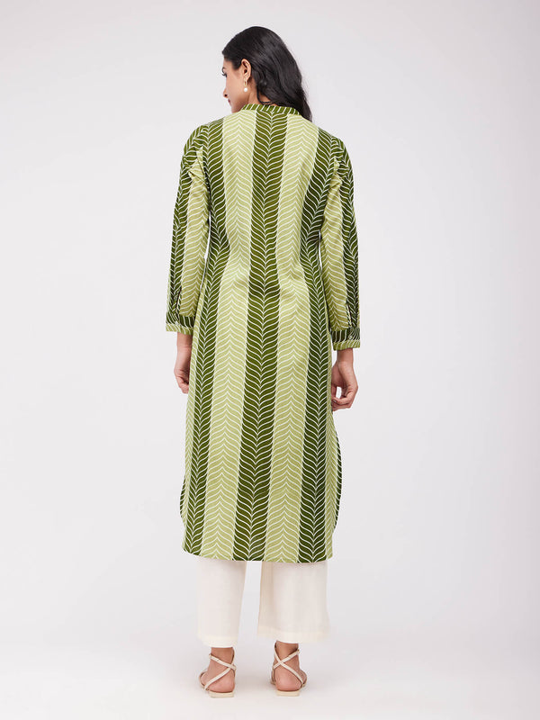 Cotton Leaf Striped Kurta Set - Olive