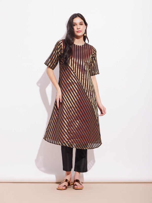 Silk Tissue Stripe Play Kurta Set - Black & Gold