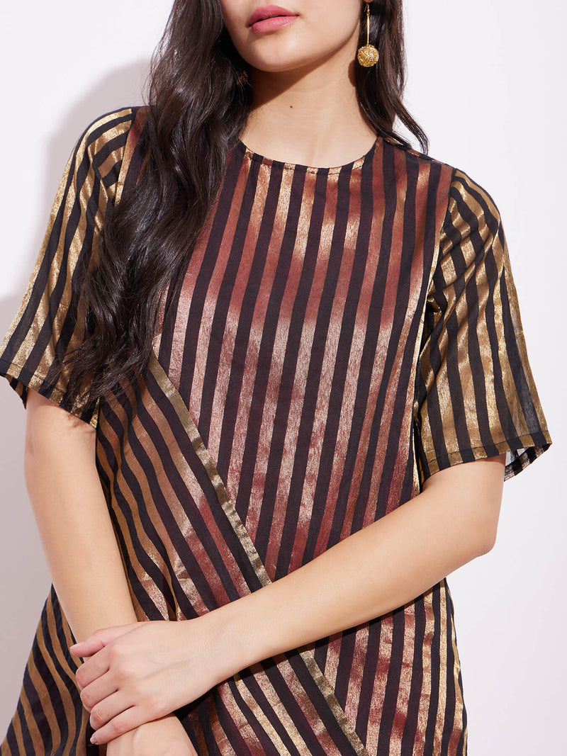 Silk Tissue Stripe Play Kurta Set - Black & Gold