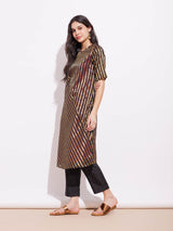 Silk Tissue Stripe Play Kurta Set - Black & Gold