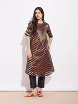 Silk Tissue Stripe Play Kurta Set - Black & Gold