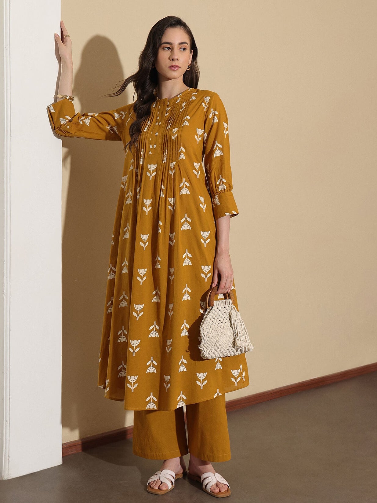 Cotton Floral Round Neck Kurta Set - Mustard