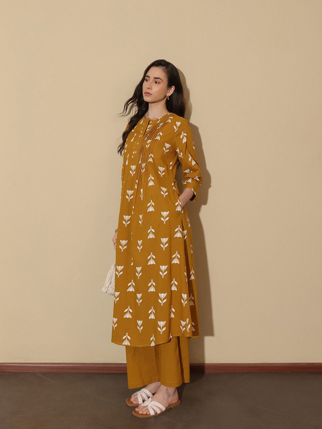 Cotton Floral Round Neck Kurta Set - Mustard