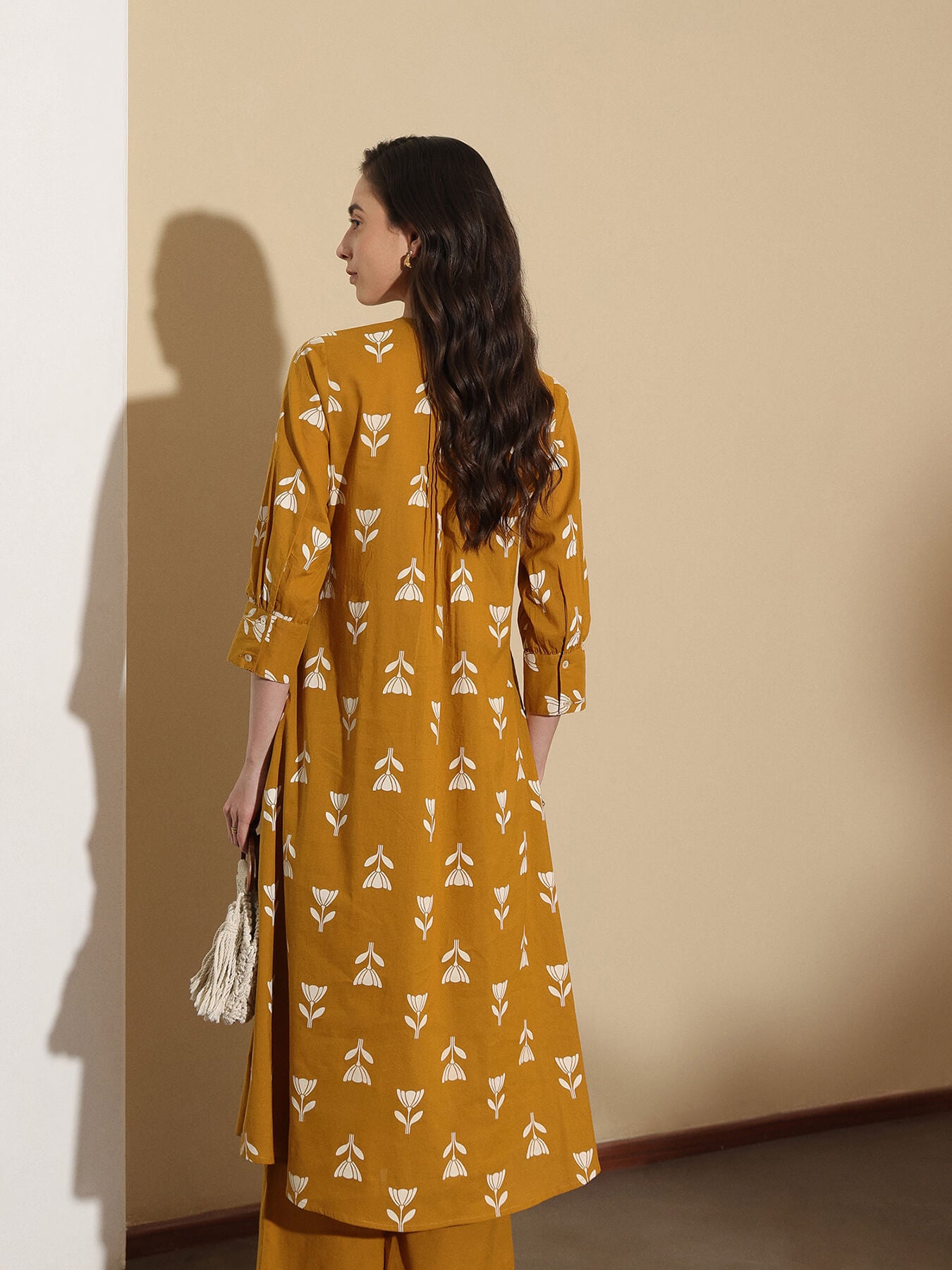 Cotton Floral Round Neck Kurta Set - Mustard