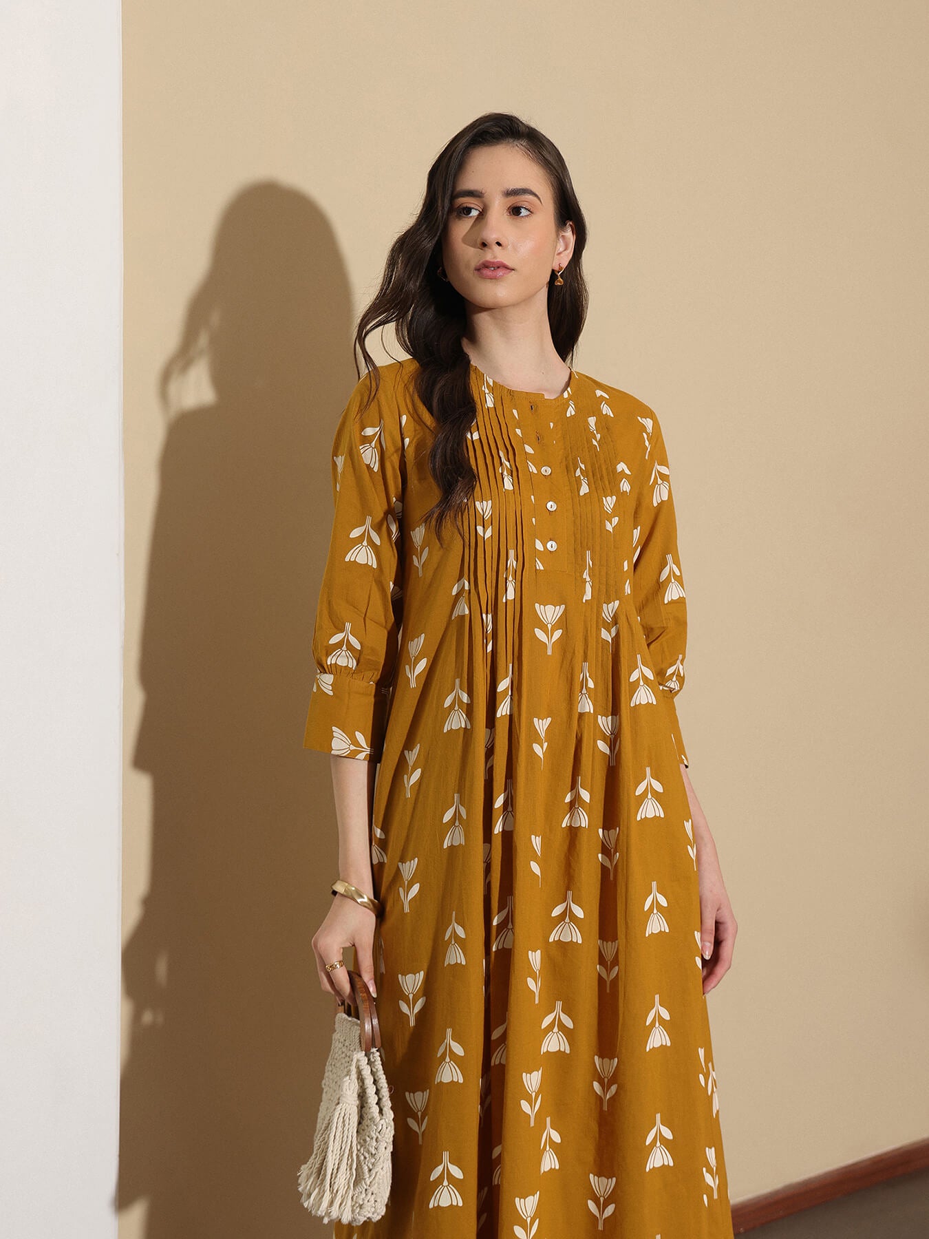 Cotton Floral Round Neck Kurta Set - Mustard