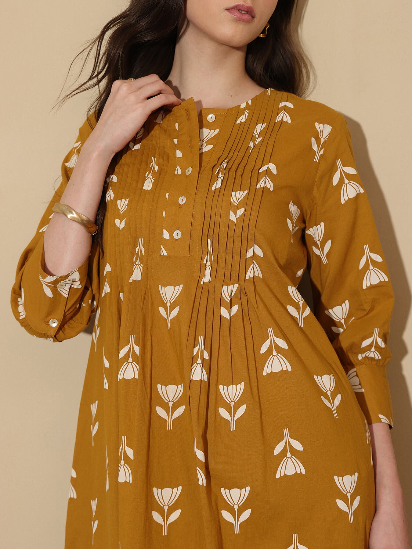 Cotton Floral Round Neck Kurta Set - Mustard