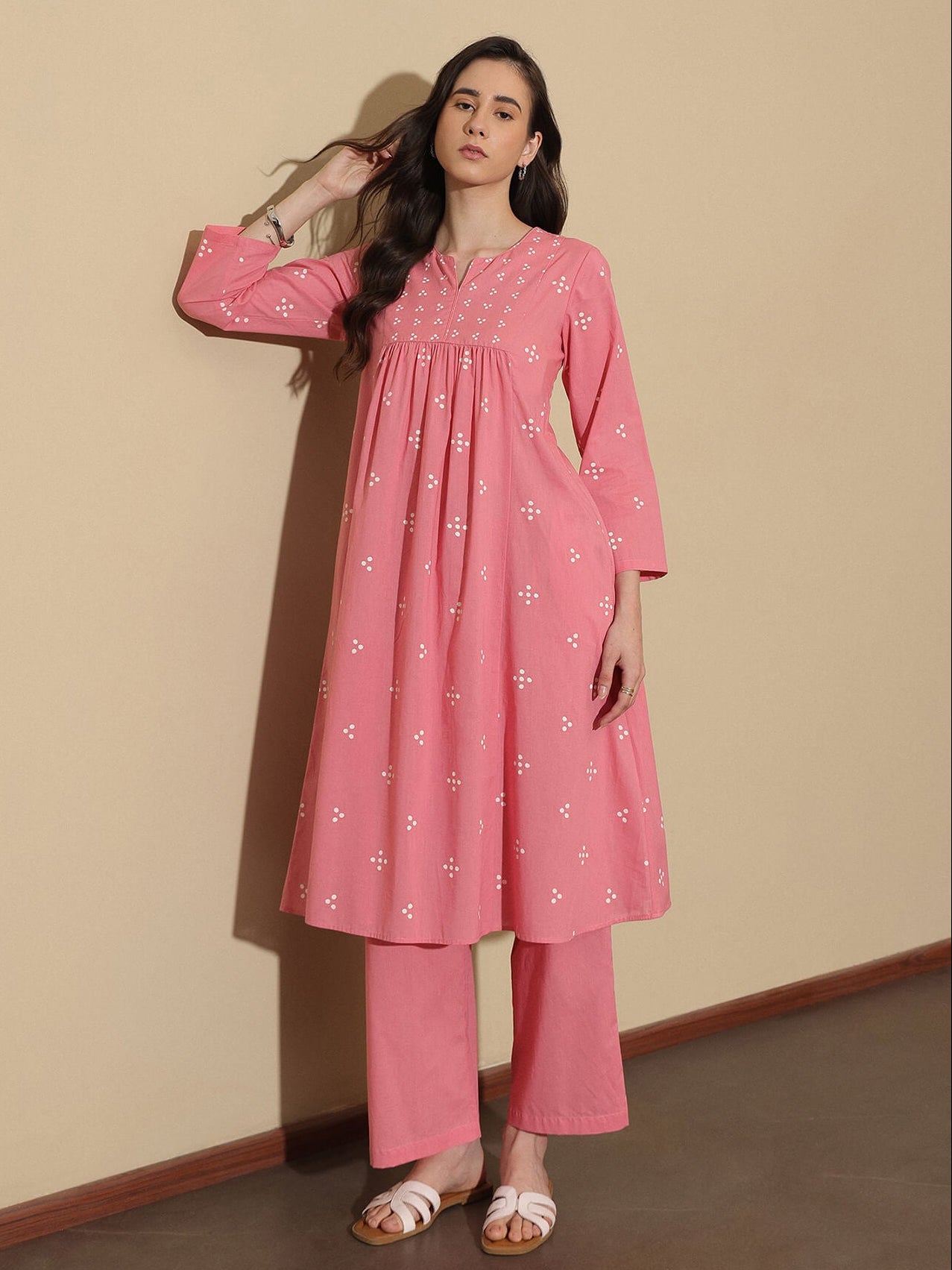 Cotton Tribal Round Neck Kurta Set - Pink