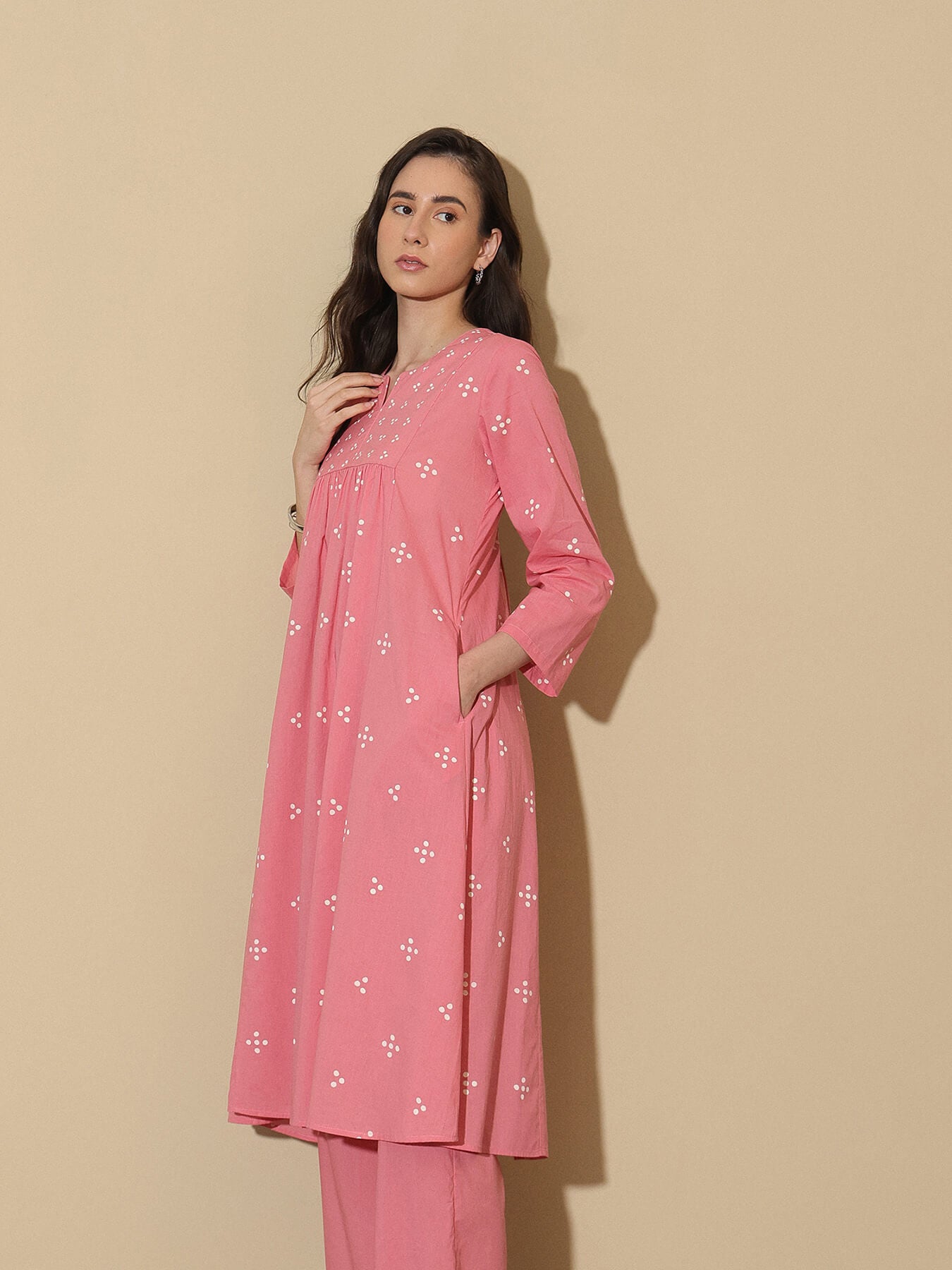 Cotton Tribal Round Neck Kurta Set - Pink