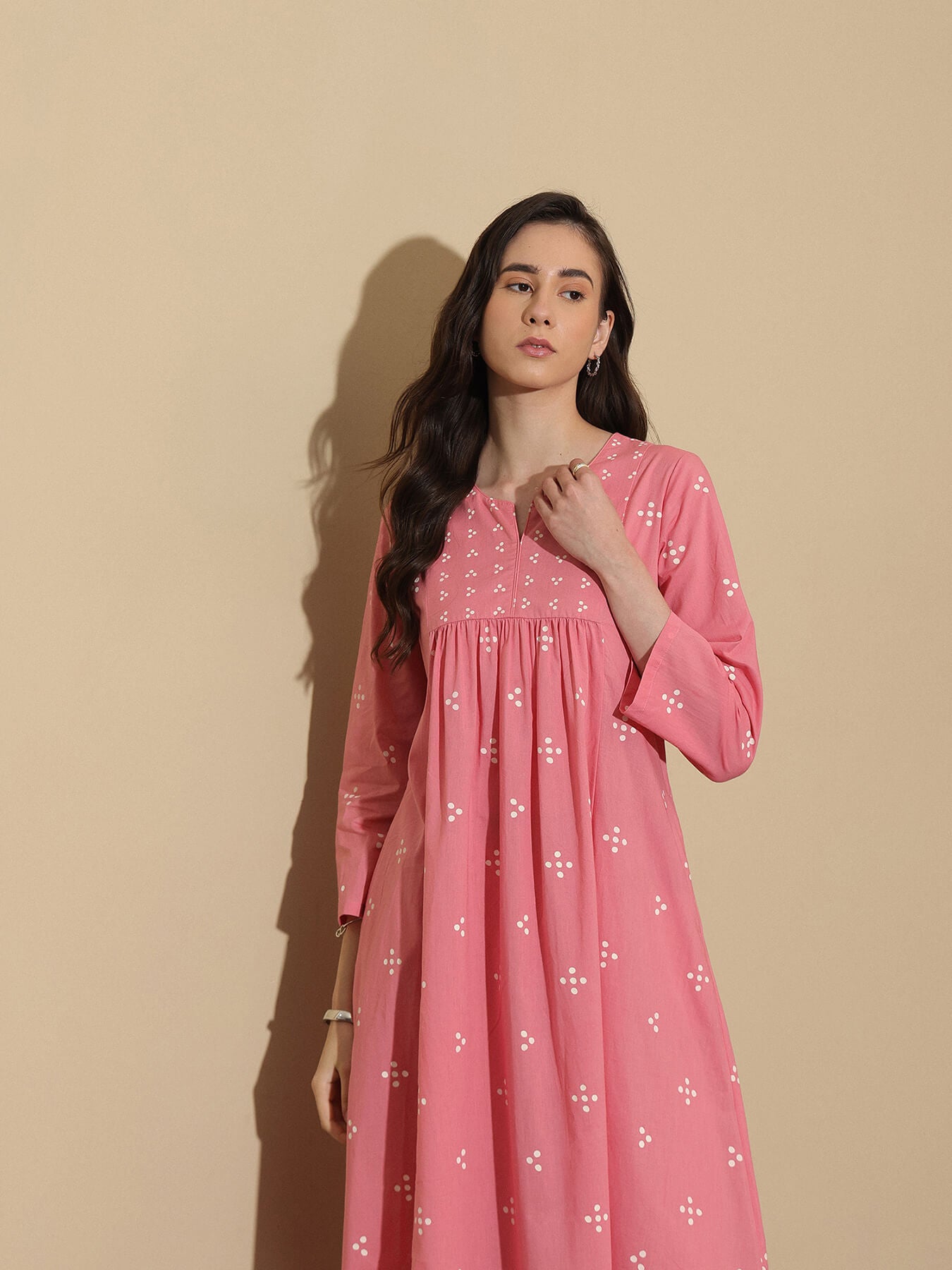 Cotton Tribal Round Neck Kurta Set - Pink