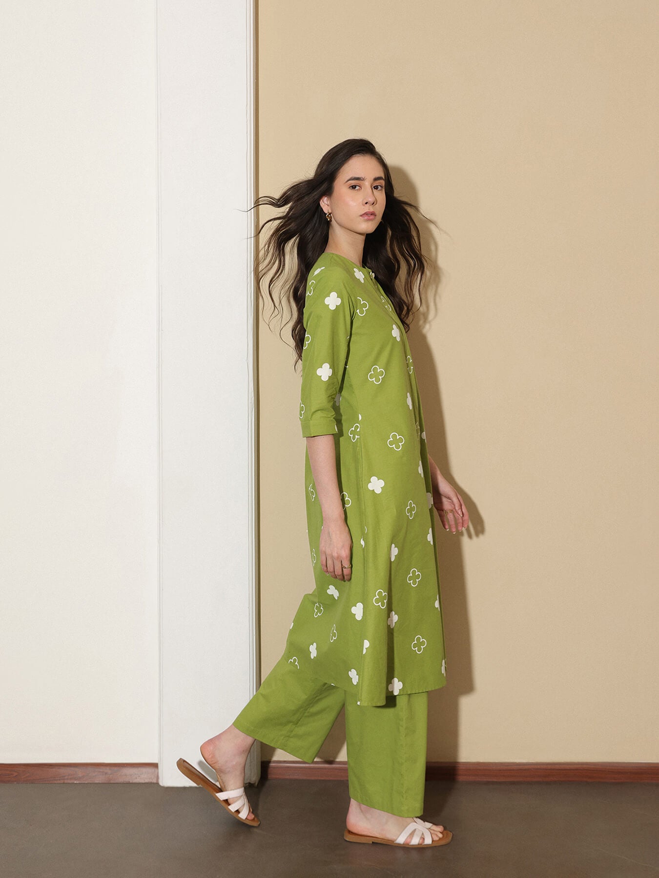 Cotton Floral A-Line Kurta Set - Green