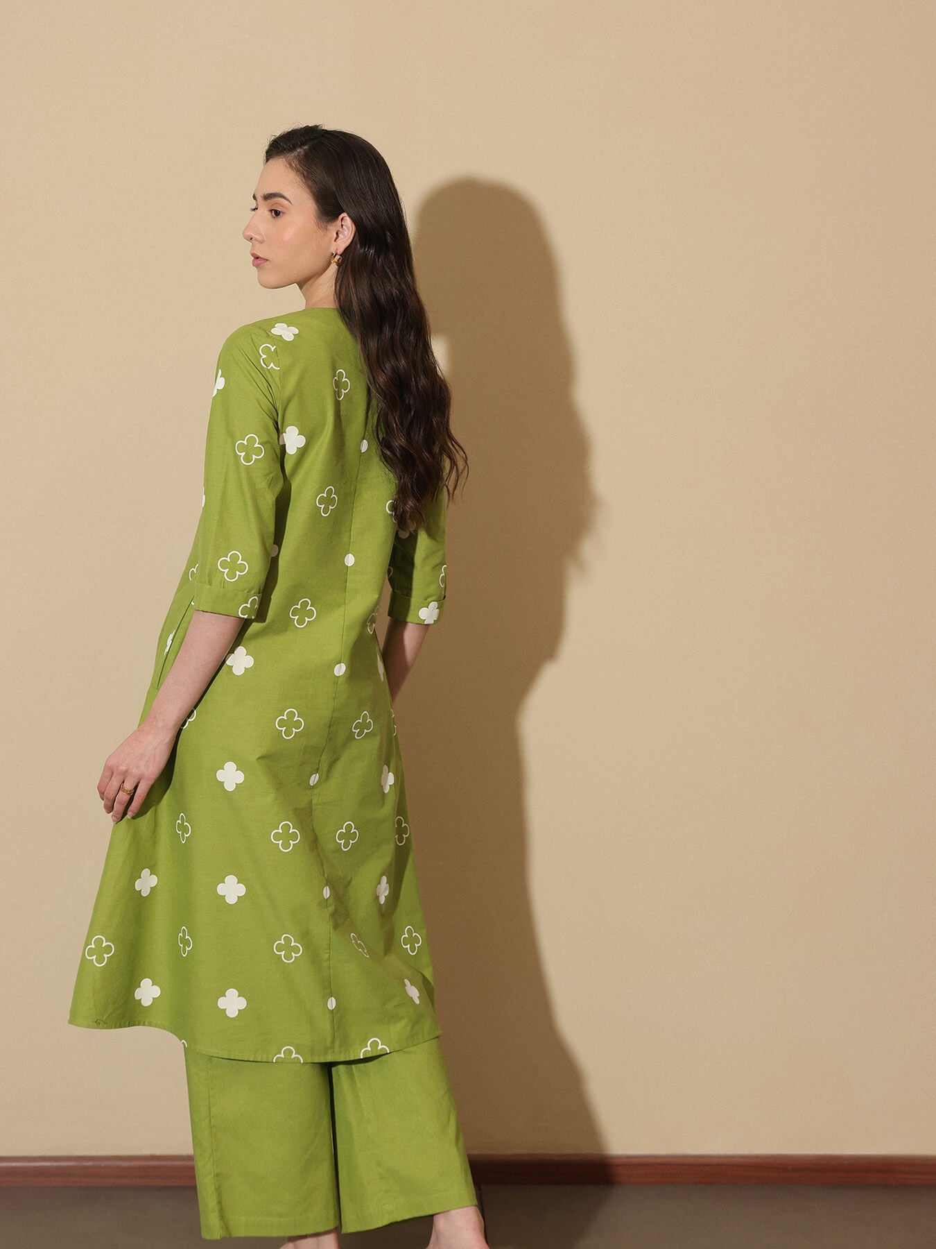 Cotton Floral A-Line Kurta Set - Green
