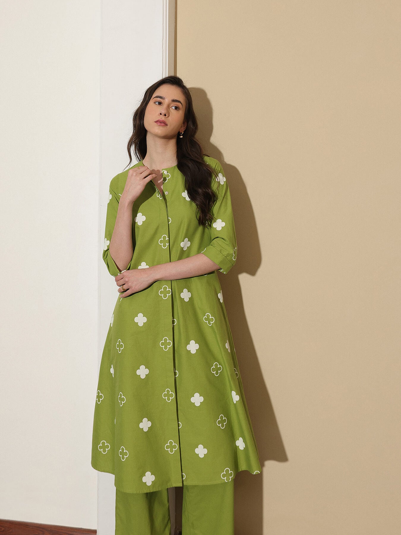 Cotton Floral A-Line Kurta Set - Green