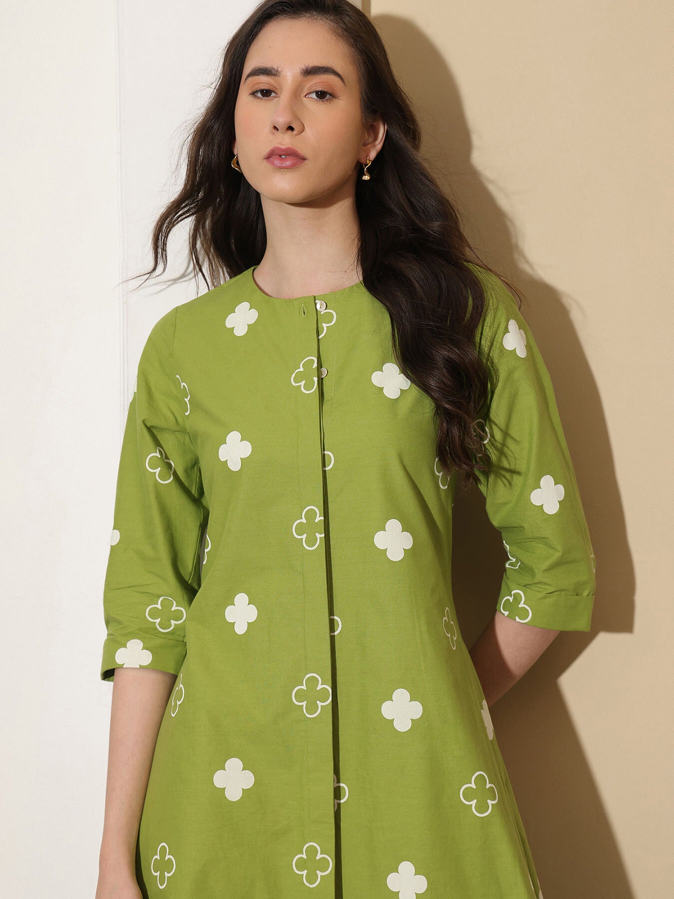 Cotton Floral A-Line Kurta Set - Green