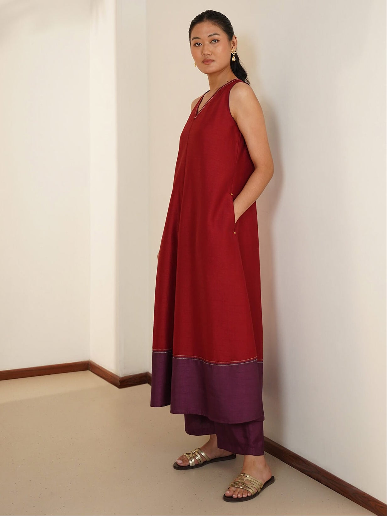Silk Blend Colourblock Kurta Set - Red & Burgundy