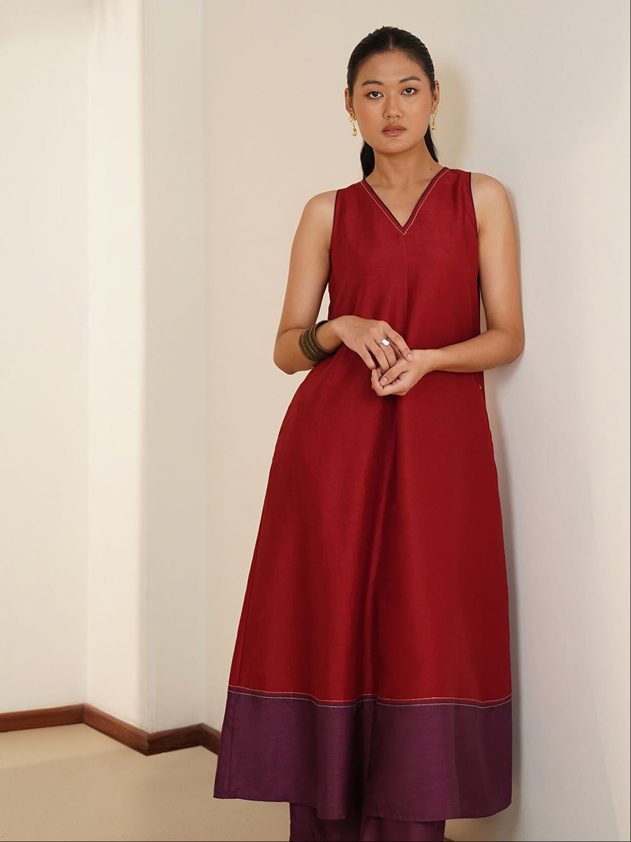 Silk Blend Colourblock Kurta Set - Red & Burgundy