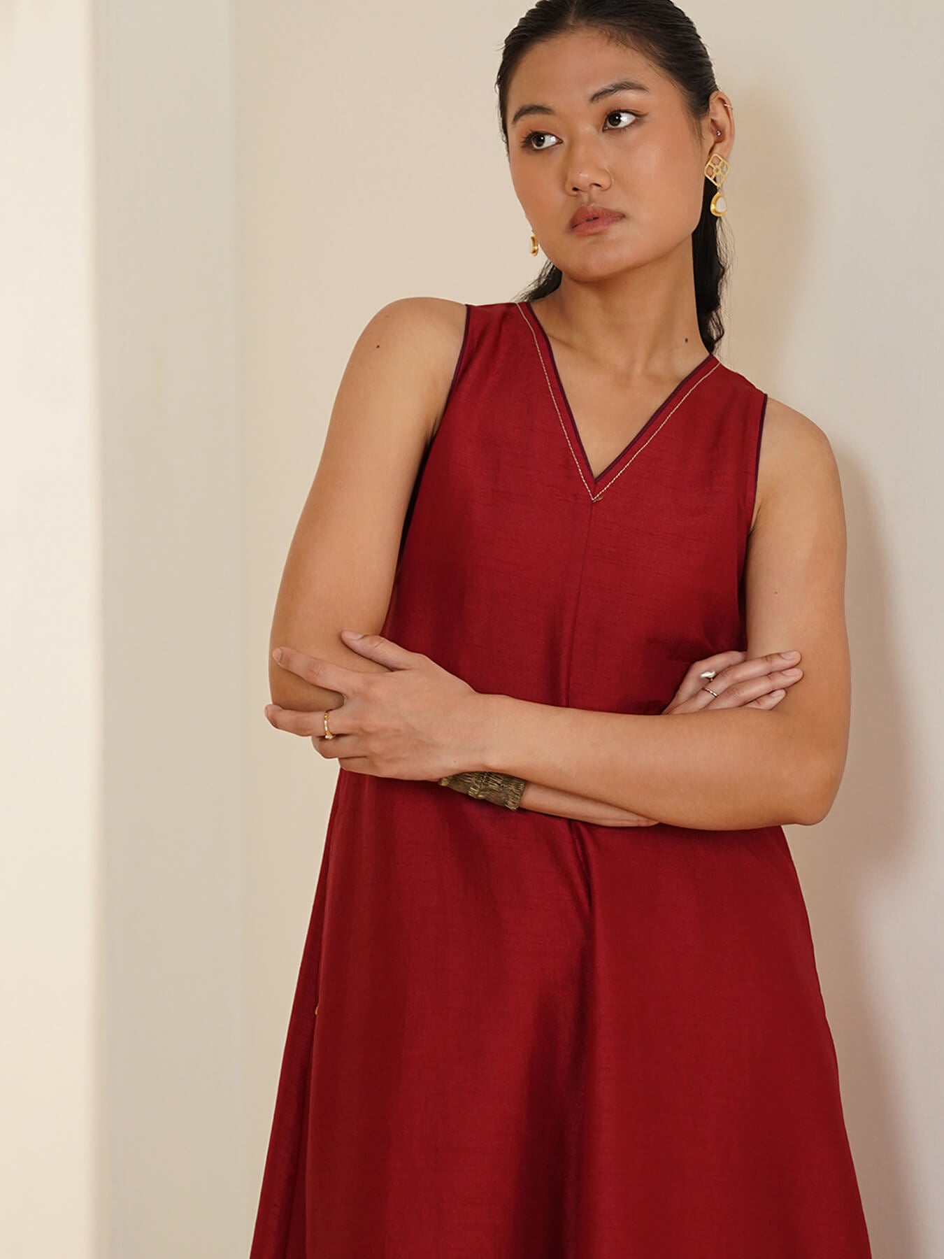 Silk Blend Colourblock Kurta Set - Red & Burgundy