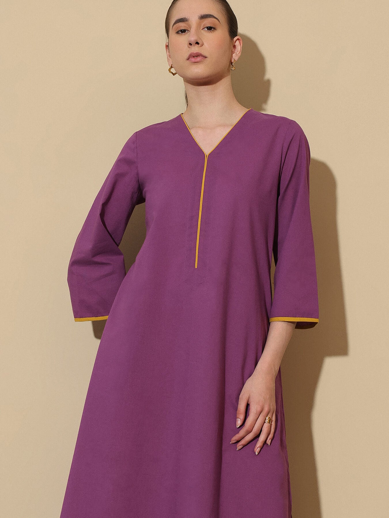 Cotton Solid Colourblock Kurta Set - Purple and Yellow