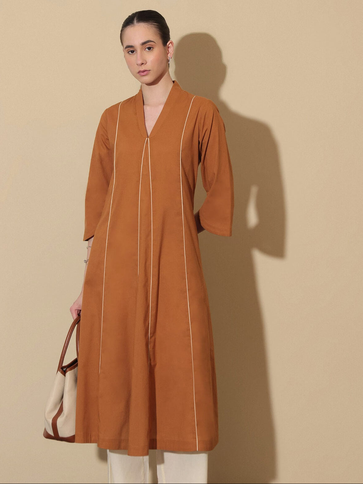 Cotton Solid Colourblock Kurta Set - Brown and Beige