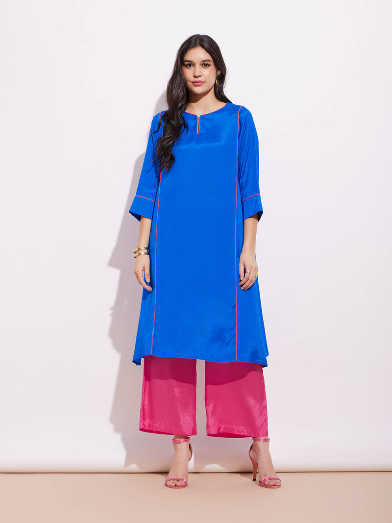 Viscose Colourblock Kurta Set - Blue & Pink