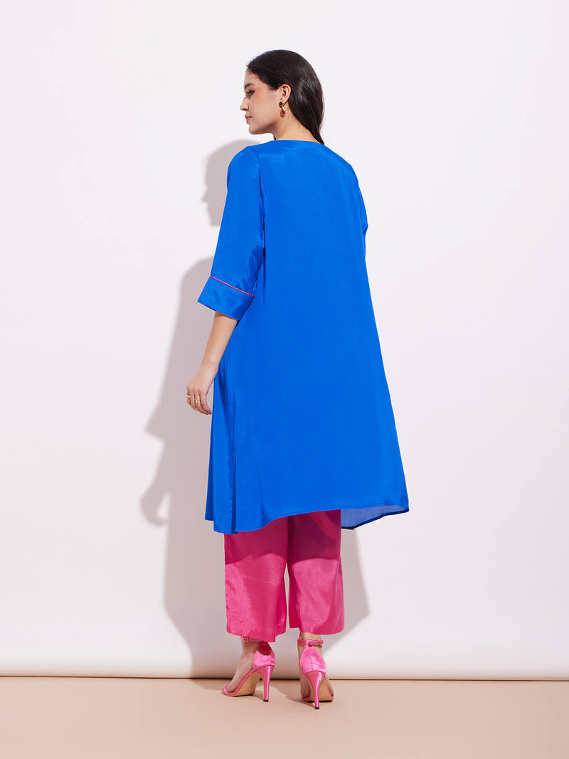 Viscose Colourblock Kurta Set - Blue & Pink