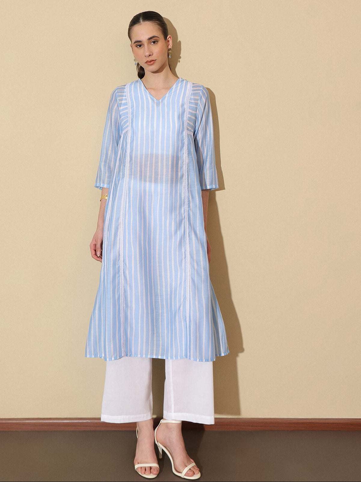 Chanderi Striped A-Line Kurta Set - White