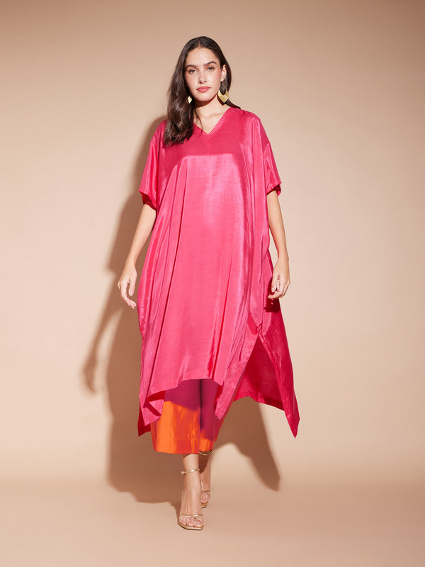 Viscose Kaftan Kurta Set with Sash - Pink & Orange