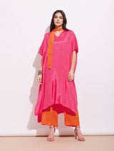 Viscose Kaftan Kurta Set with Sash - Pink & Orange